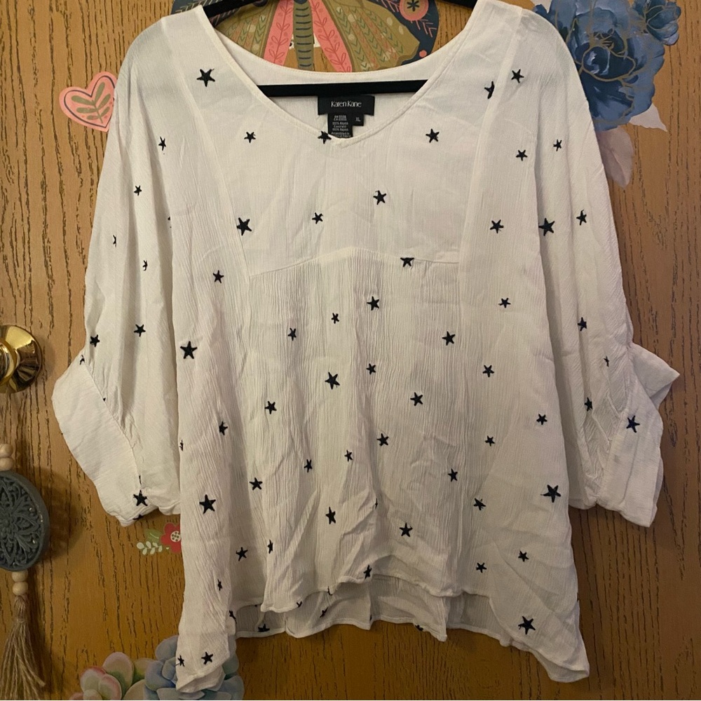 Karen Kane White Blouse with Black Star Design